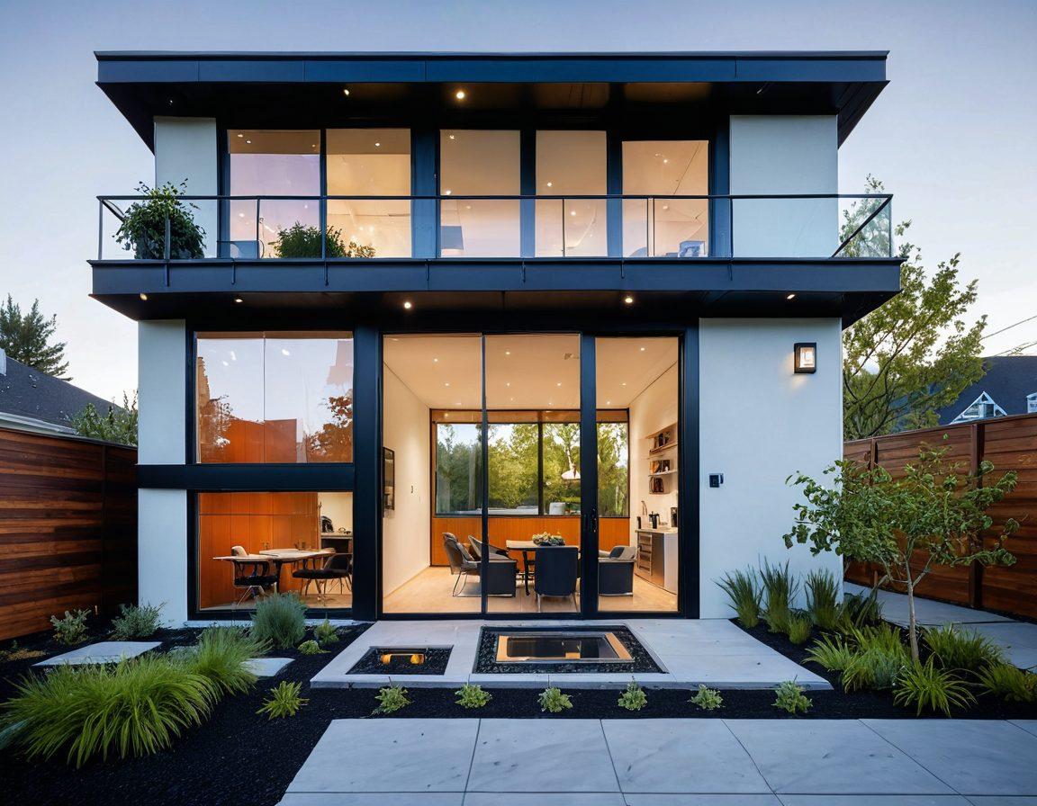 A cozy, modern home and a sleek office space seamlessly integrated with solar panels, energy-efficient lighting, and smart appliances. A smiling family enjoying their living room filled with natural light, and a professional in the office setting showcasing electrical solutions. Surrounding the buildings, lush greenery symbolizing sustainability and balance. super-realistic. vibrant colors. white background.