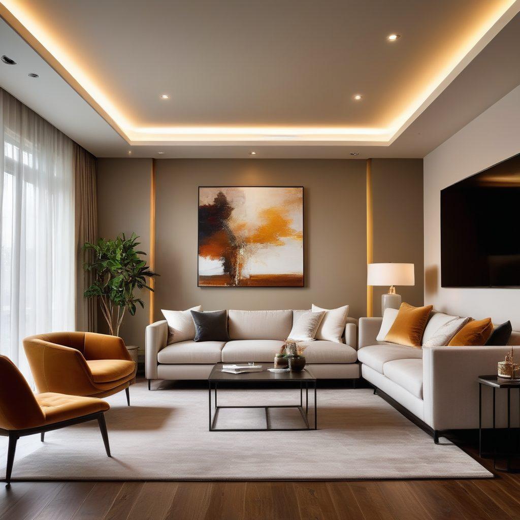 A modern, stylish room with warm ambient lighting showcasing various innovative electrical solutions like smart bulbs, designer light switches, and energy-efficient appliances. Include a mix of home and business elements, such as a cozy living area and a sleek office setup, brightened with dynamic electrical pathways. The overall tone should convey a sense of efficiency and modernity. vibrant colors. super-realistic.