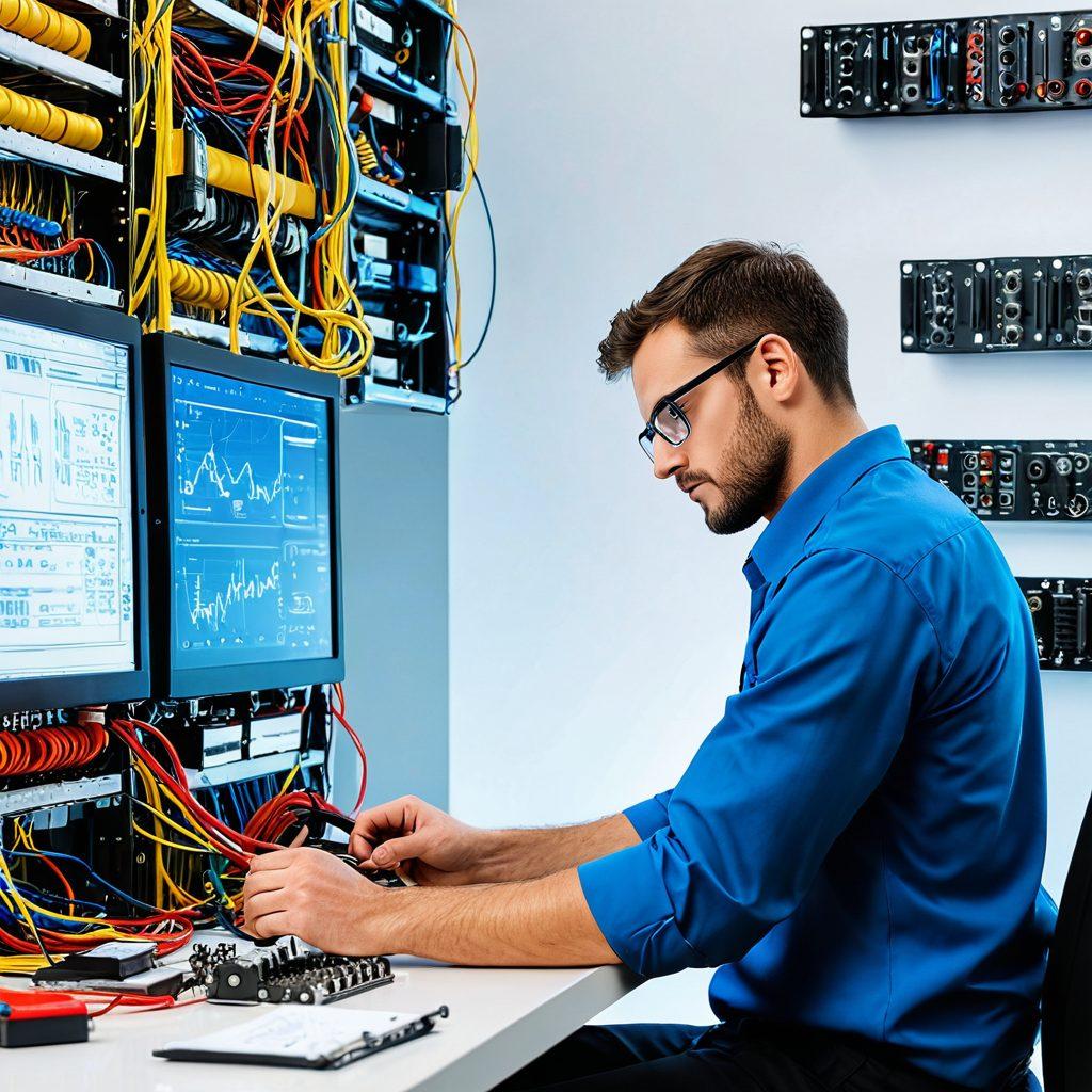 A split image depicting a technician troubleshooting electrical issues on one side, with tools and wires scattered around, and on the other side, sleek automated systems with digital interfaces and robots. A background of bright blueprints and schematics connects both scenes, symbolizing the journey from manual work to automation. Include light bulb elements representing ideas and innovation. super-realistic. vibrant colors. white background.